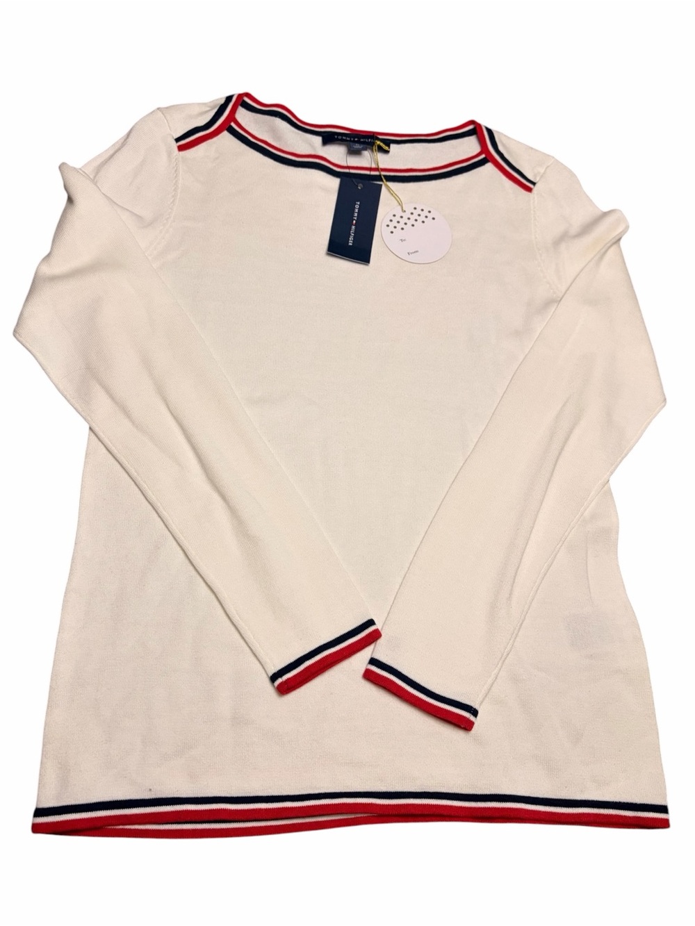 White Striped Trim Long-Sleeve Top